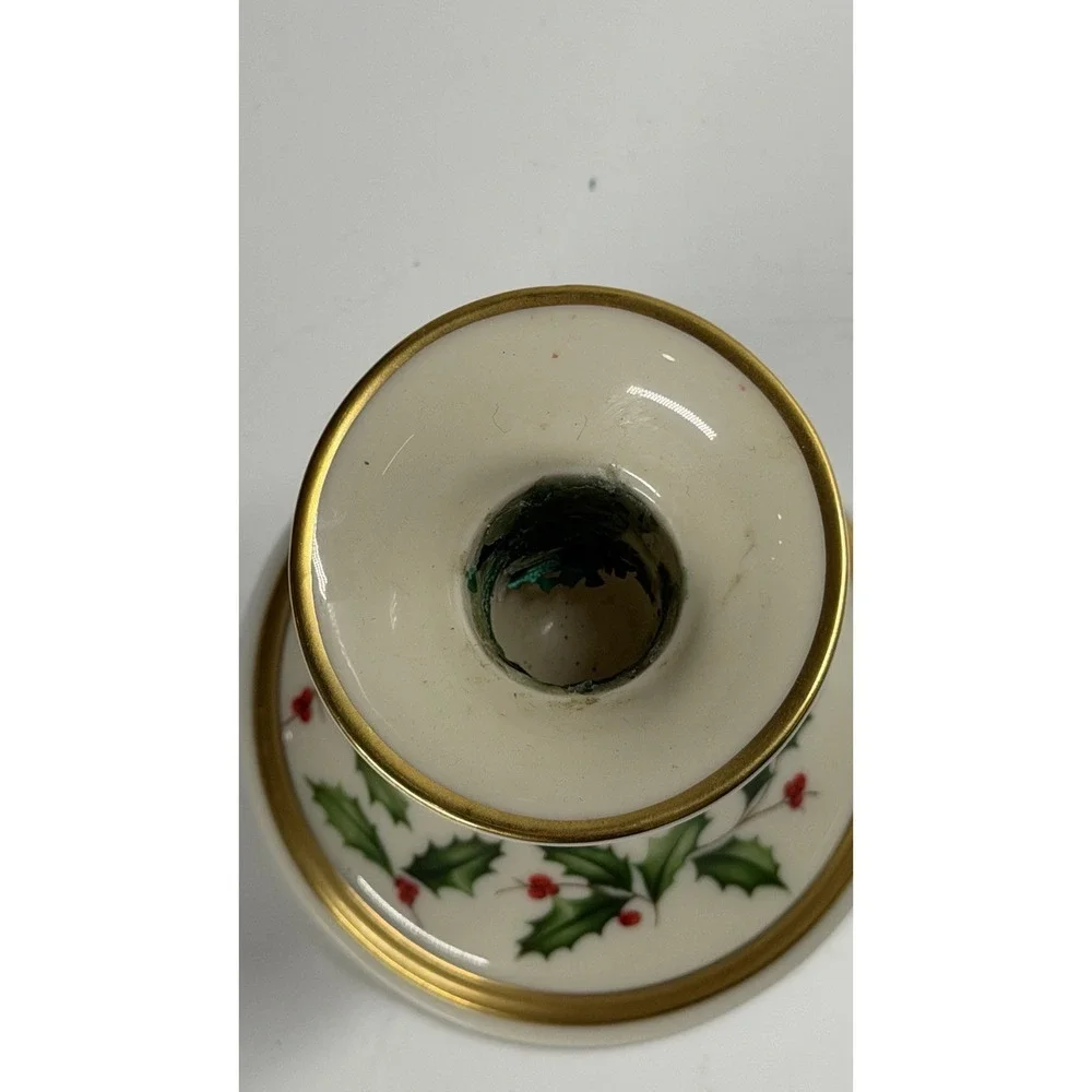 Lenox Holiday Taper Candle Holder Ivory Porcelain Holly Berries Gold Trim USA